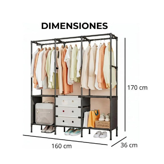 Clóset Organizador Armable Triple con Perchero Y Cajonera